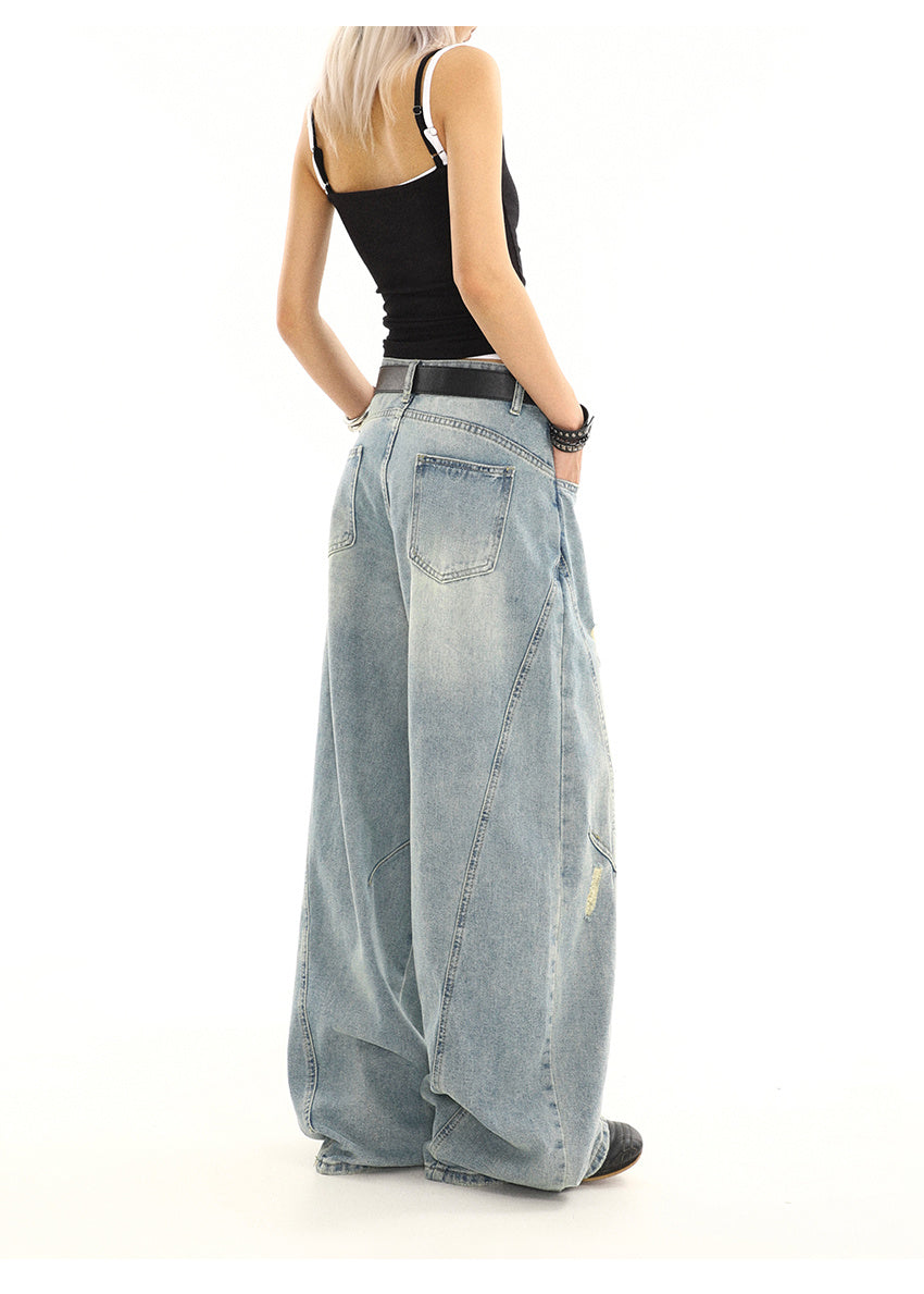 Summer American Retro Washed Distressed Loose Straight Leg Wide Leg Pants