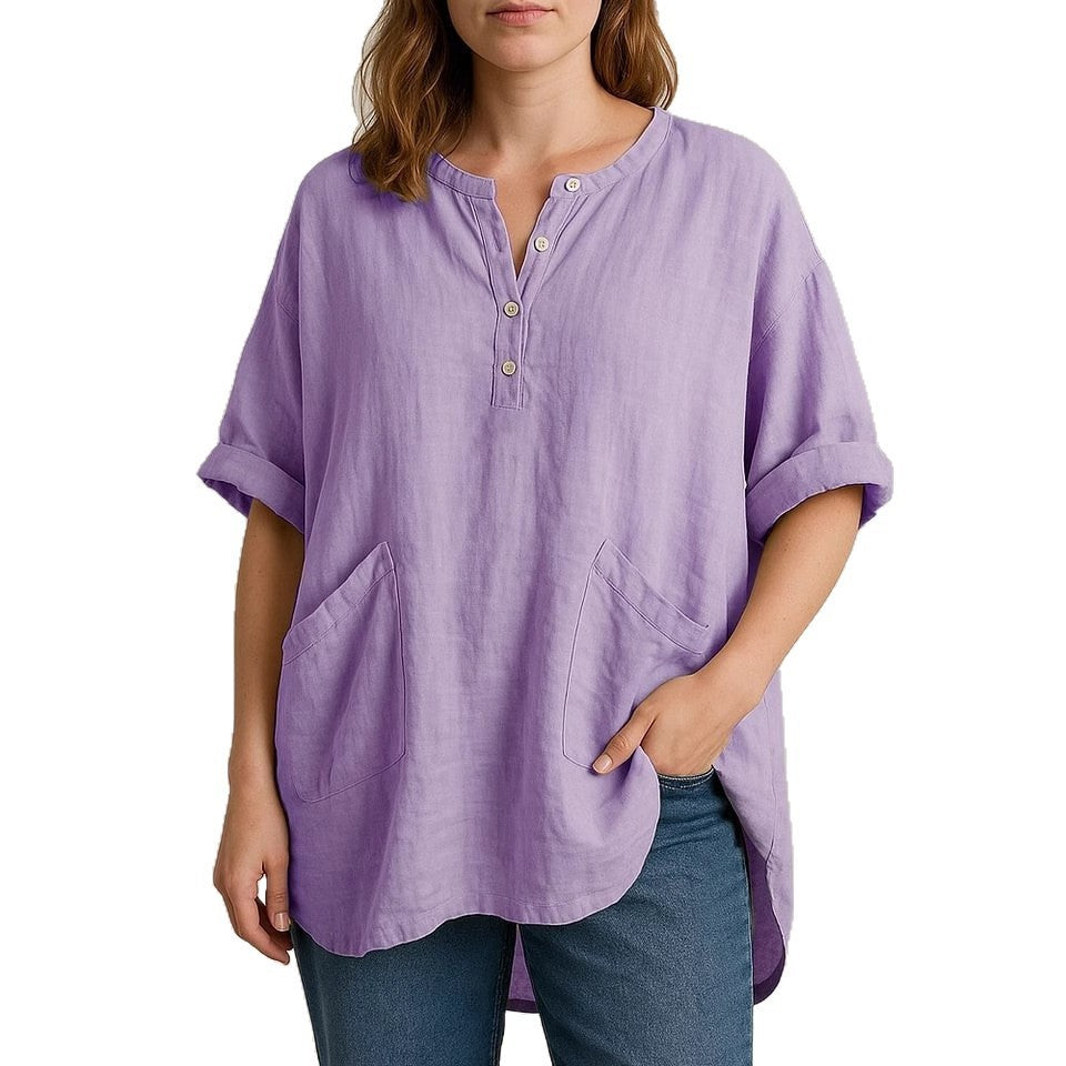 Women's Casual Cropped Sleeve V-neck Solid Color Cotton And Linen Shirt