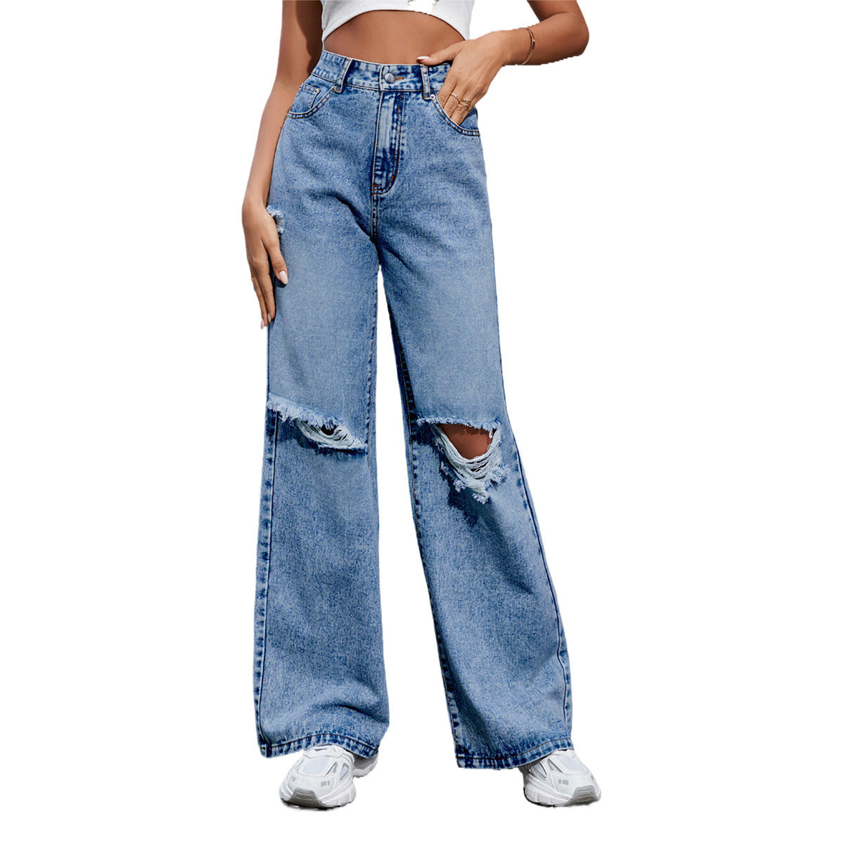 Fashionable Ripped High Waist Wide Leg Casual Jeans