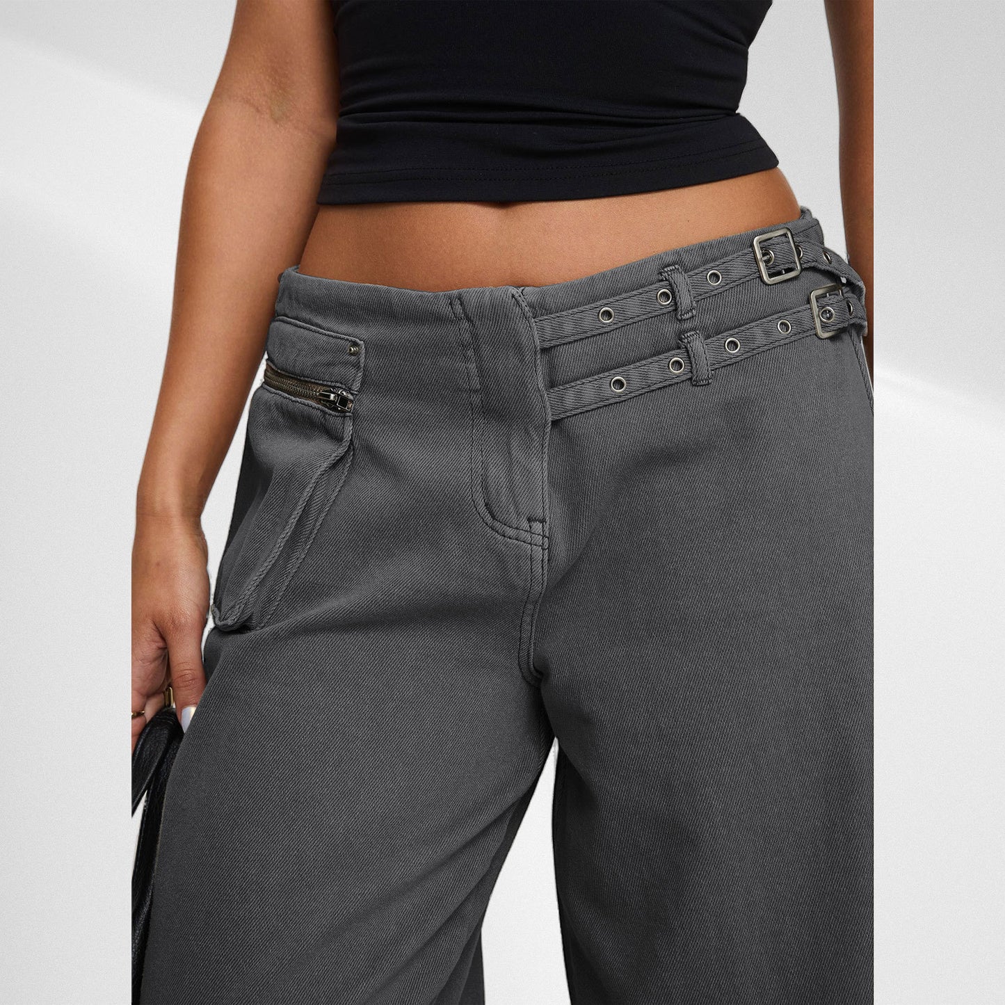 European And American Dark Wide-leg Jeans Personalized Belt Buckle Asymmetric Pocket Drag Sister Out Of The Street