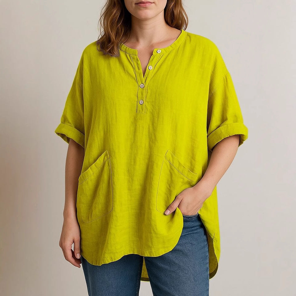 Women's Casual Cropped Sleeve V-neck Solid Color Cotton And Linen Shirt