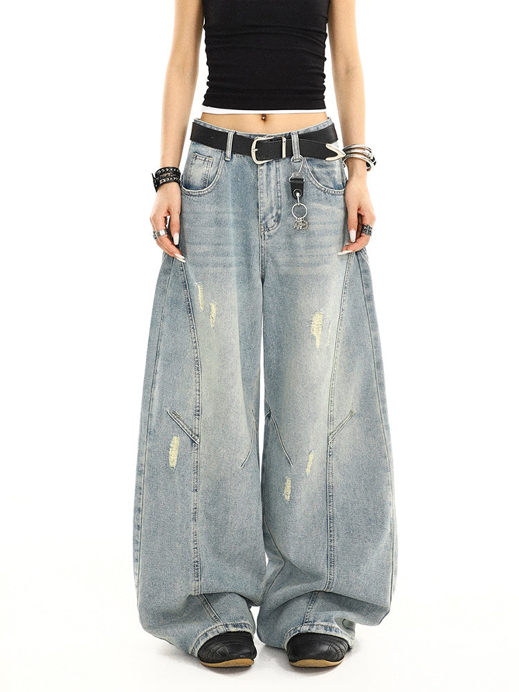 Summer American Retro Washed Distressed Loose Straight Leg Wide Leg Pants
