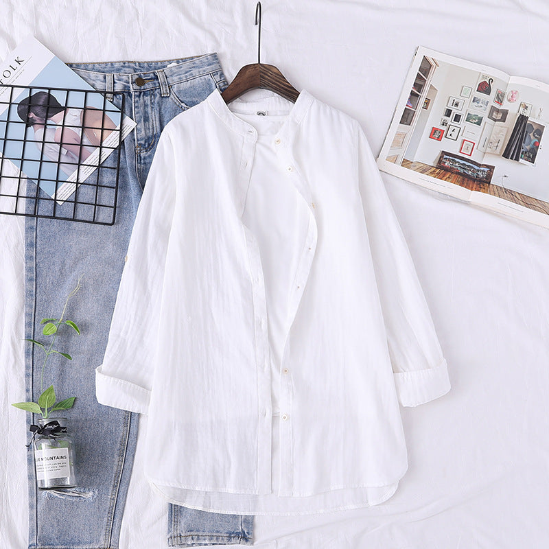 Stand Collar Double-layer Yarn Long Sleeve Blouse Loose