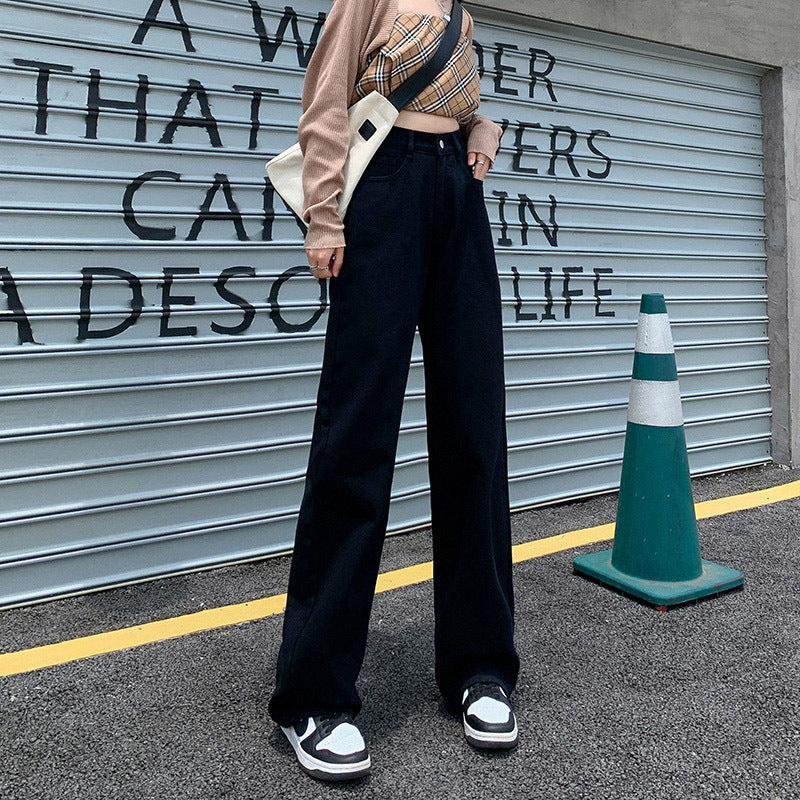 High Waist Drooping Color Loose Straight-leg Denim Women