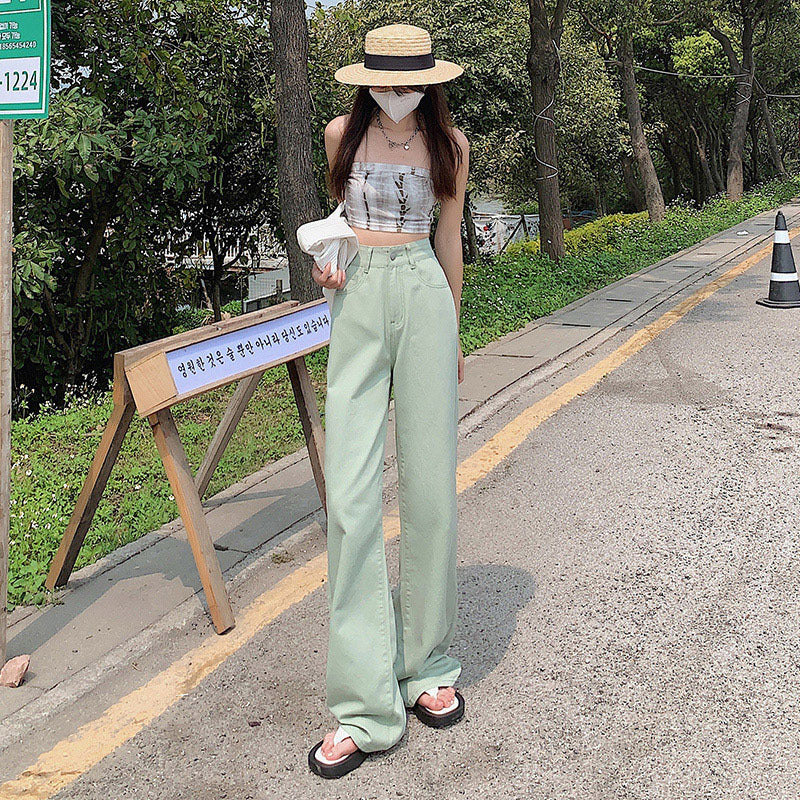High Waist Drooping Color Loose Straight-leg Denim Women