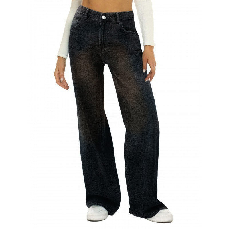 Amazon European And American Foreign Trade Washed Distressed High Waist Vintage Cat Whisker Loose Straight Jeans For Women