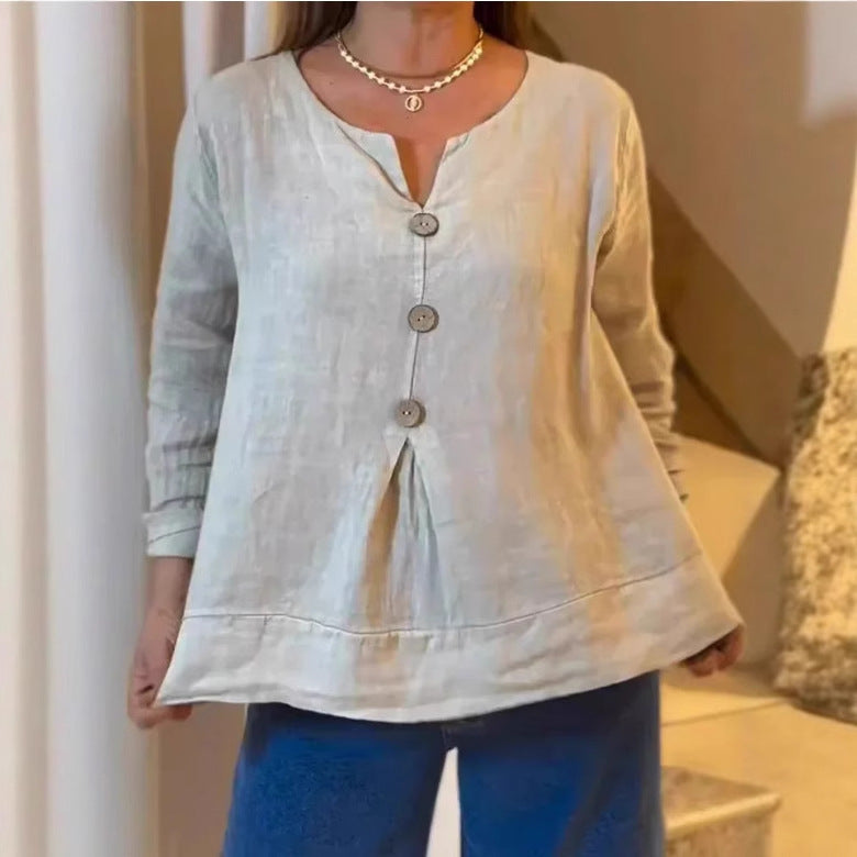 Loose Casual Cotton And Linen V-neck Shirt
