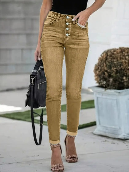 Multi Button Slim Fit Jeans Plus Size Women's Stretch Denim Washed Jeans