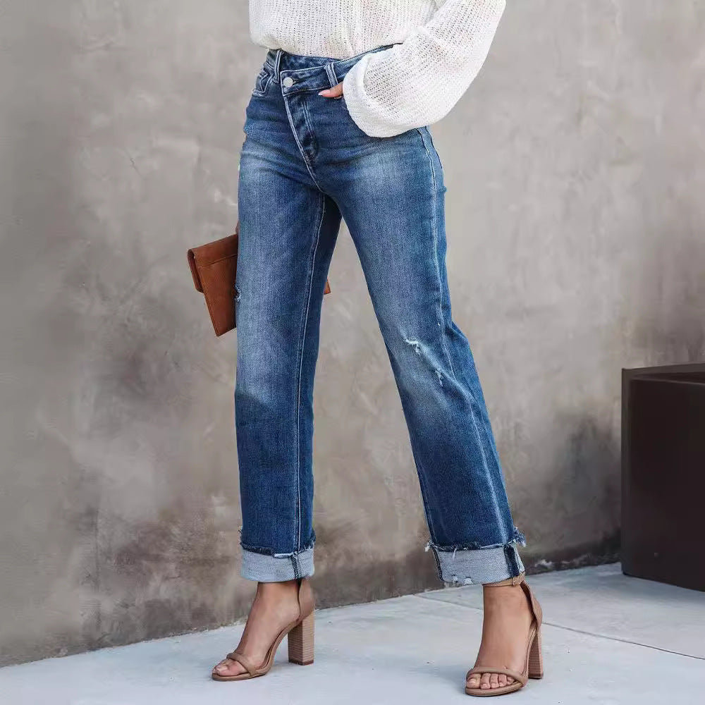 Washed Women's Straight Leg Denim Pants