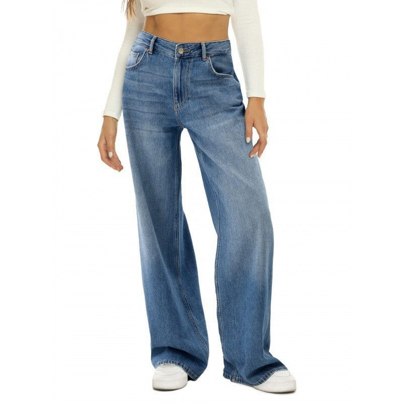 Amazon European And American Foreign Trade Washed Distressed High Waist Vintage Cat Whisker Loose Straight Jeans For Women