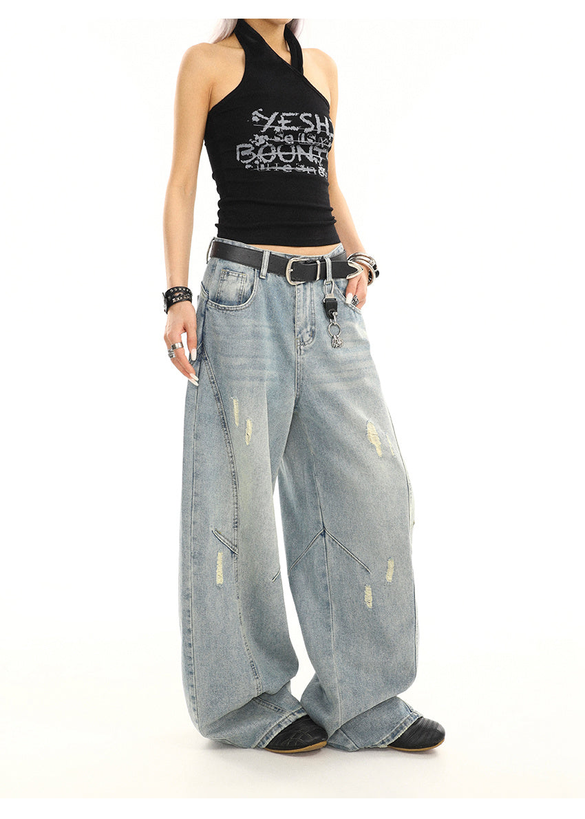 Summer American Retro Washed Distressed Loose Straight Leg Wide Leg Pants