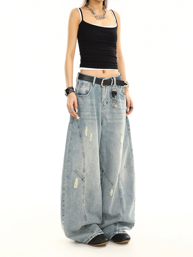 Summer American Retro Washed Distressed Loose Straight Leg Wide Leg Pants