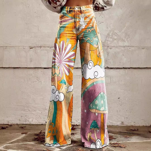 Thermal Transfer Bell-bottom Pants Simulation Denim Trousers Loose Pants