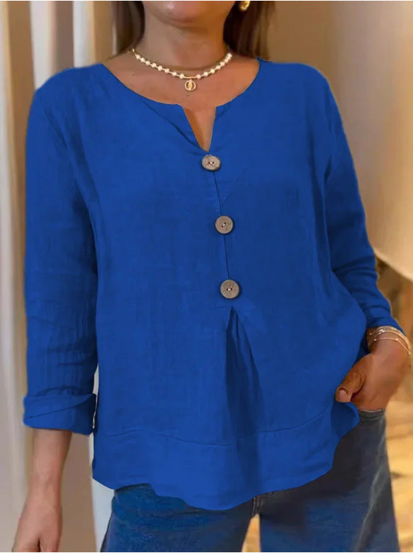 Loose Casual Cotton And Linen V-neck Shirt