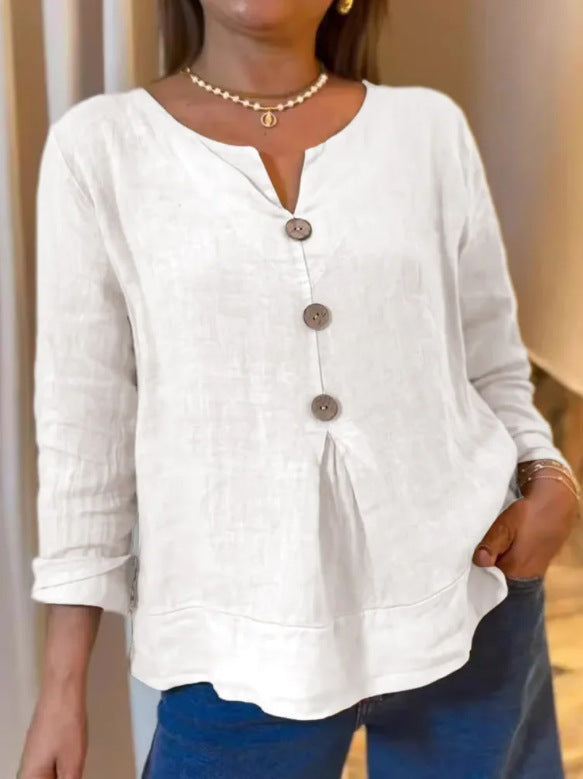 Loose Casual Cotton And Linen V-neck Shirt