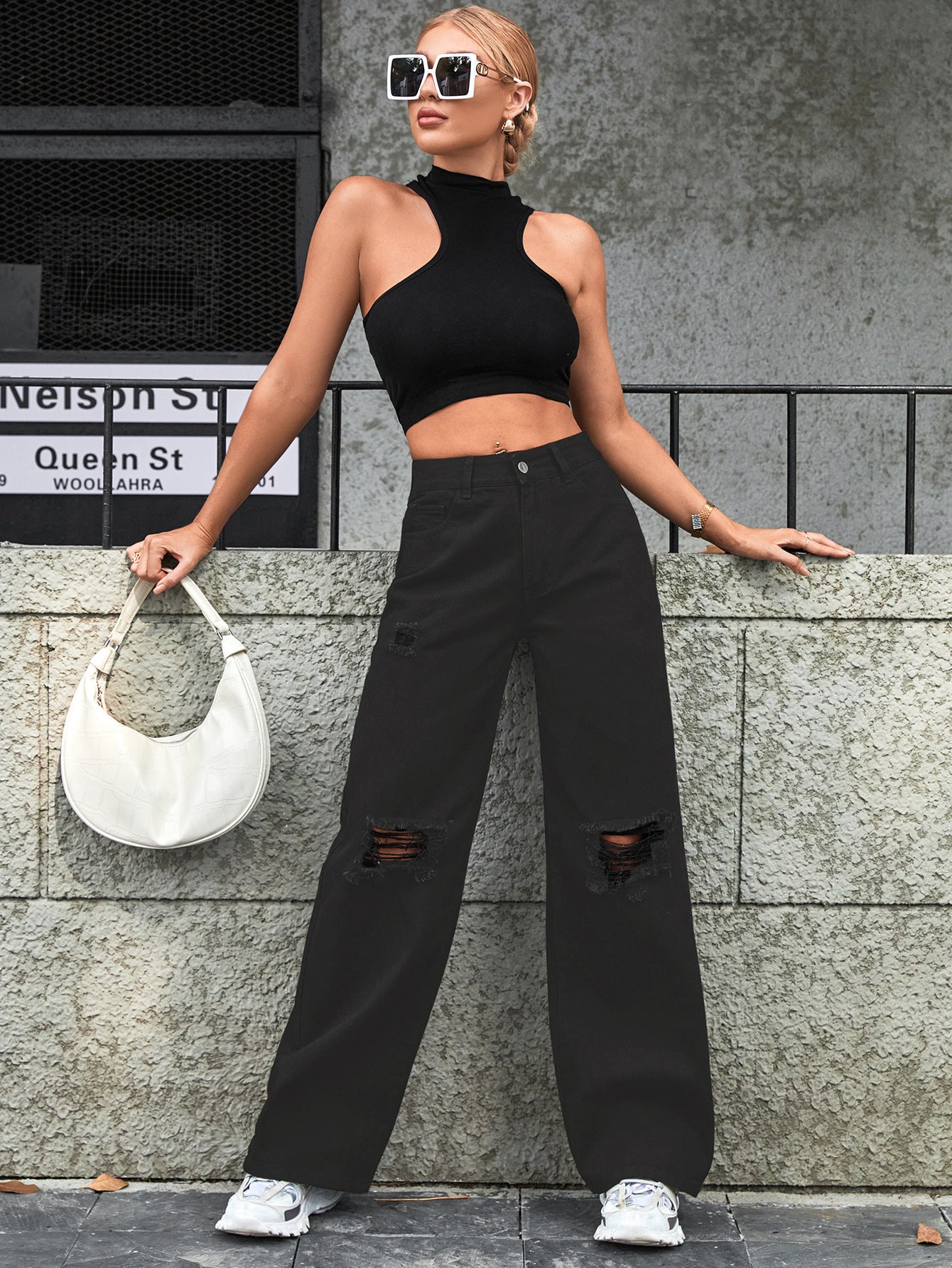 Fashionable Ripped High Waist Wide Leg Casual Jeans