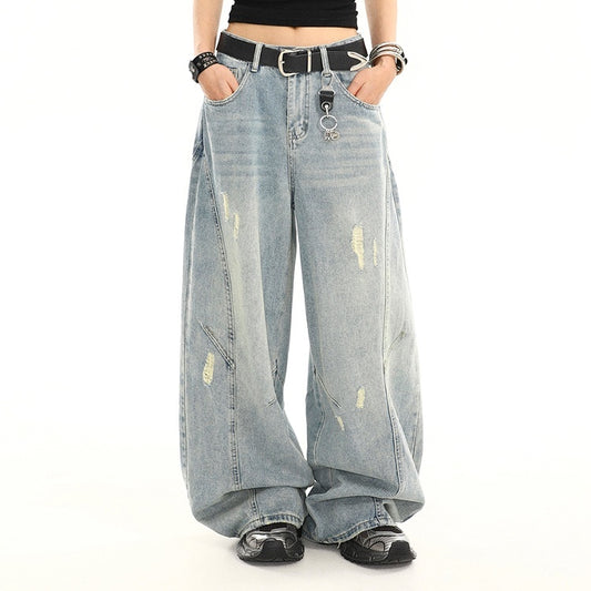 Summer American Retro Washed Distressed Loose Straight Leg Wide Leg Pants