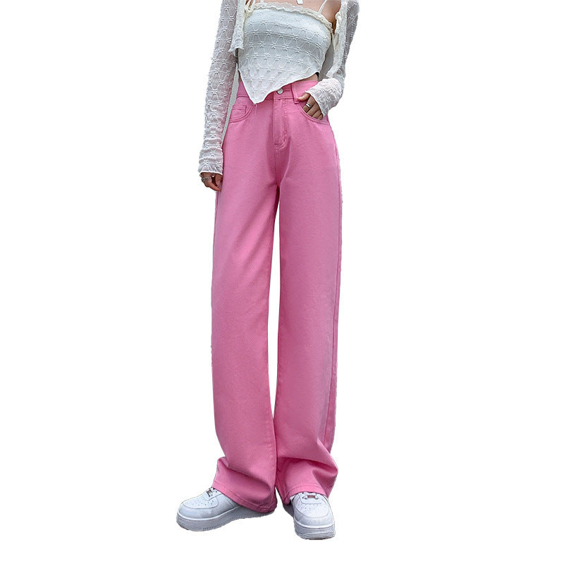 High Waist Drooping Color Loose Straight-leg Denim Women
