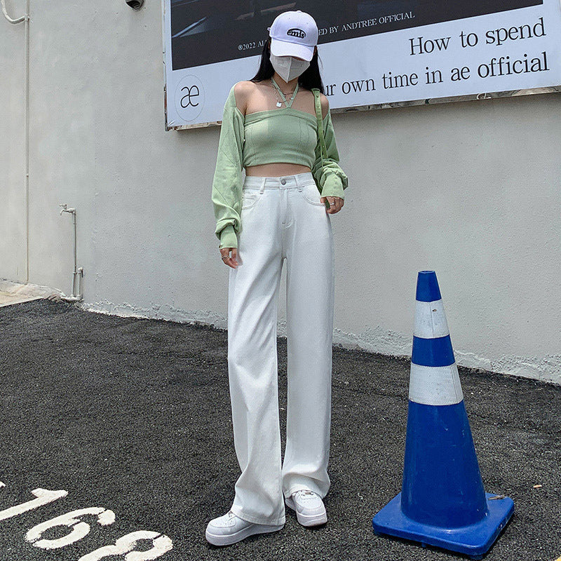High Waist Drooping Color Loose Straight-leg Denim Women
