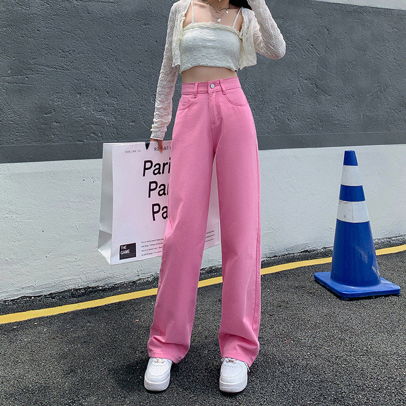 High Waist Drooping Color Loose Straight-leg Denim Women