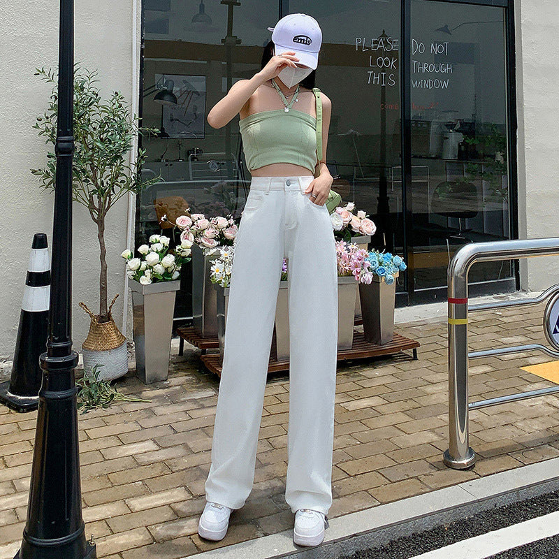 High Waist Drooping Color Loose Straight-leg Denim Women