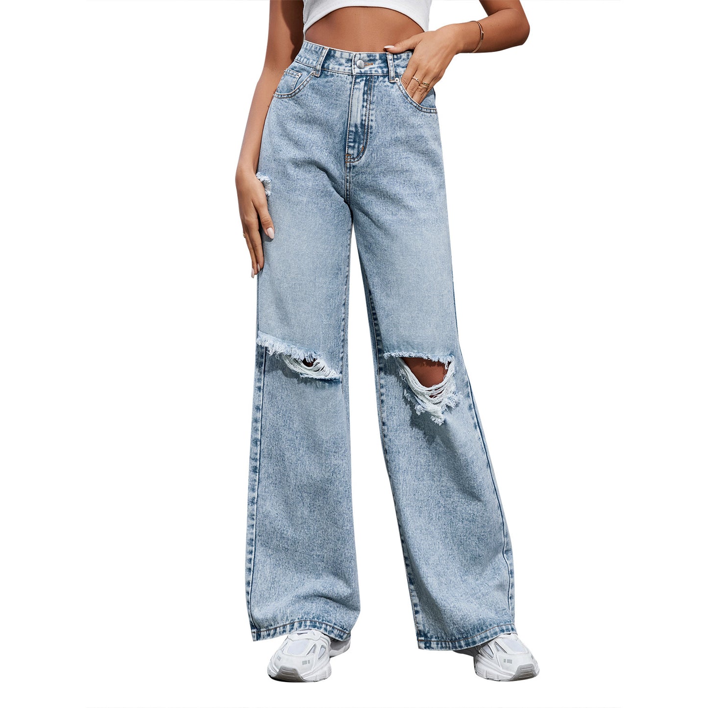 Fashionable Ripped High Waist Wide Leg Casual Jeans