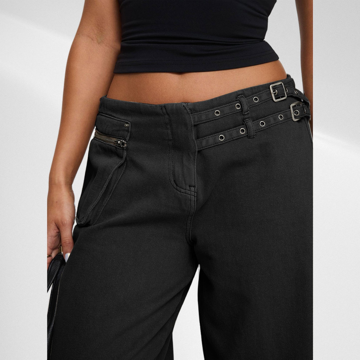 European And American Dark Wide-leg Jeans Personalized Belt Buckle Asymmetric Pocket Drag Sister Out Of The Street