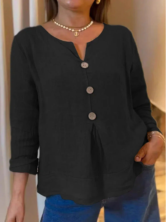 Loose Casual Cotton And Linen V-neck Shirt