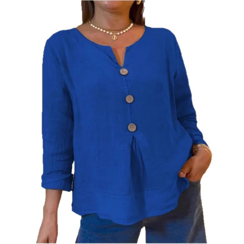 Loose Casual Cotton And Linen V-neck Shirt