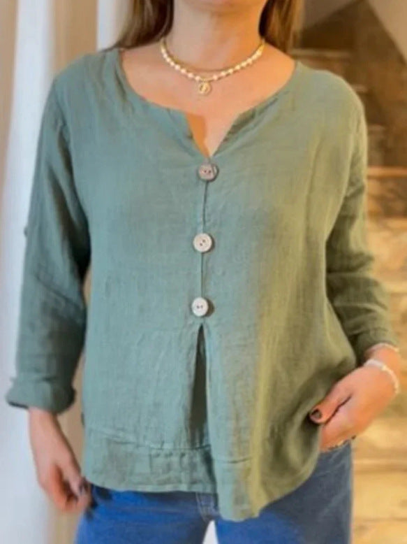 Loose Casual Cotton And Linen V-neck Shirt