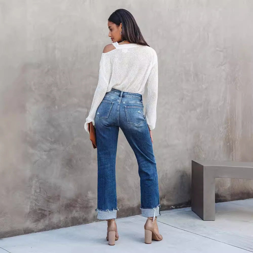 Washed Women's Straight Leg Denim Pants