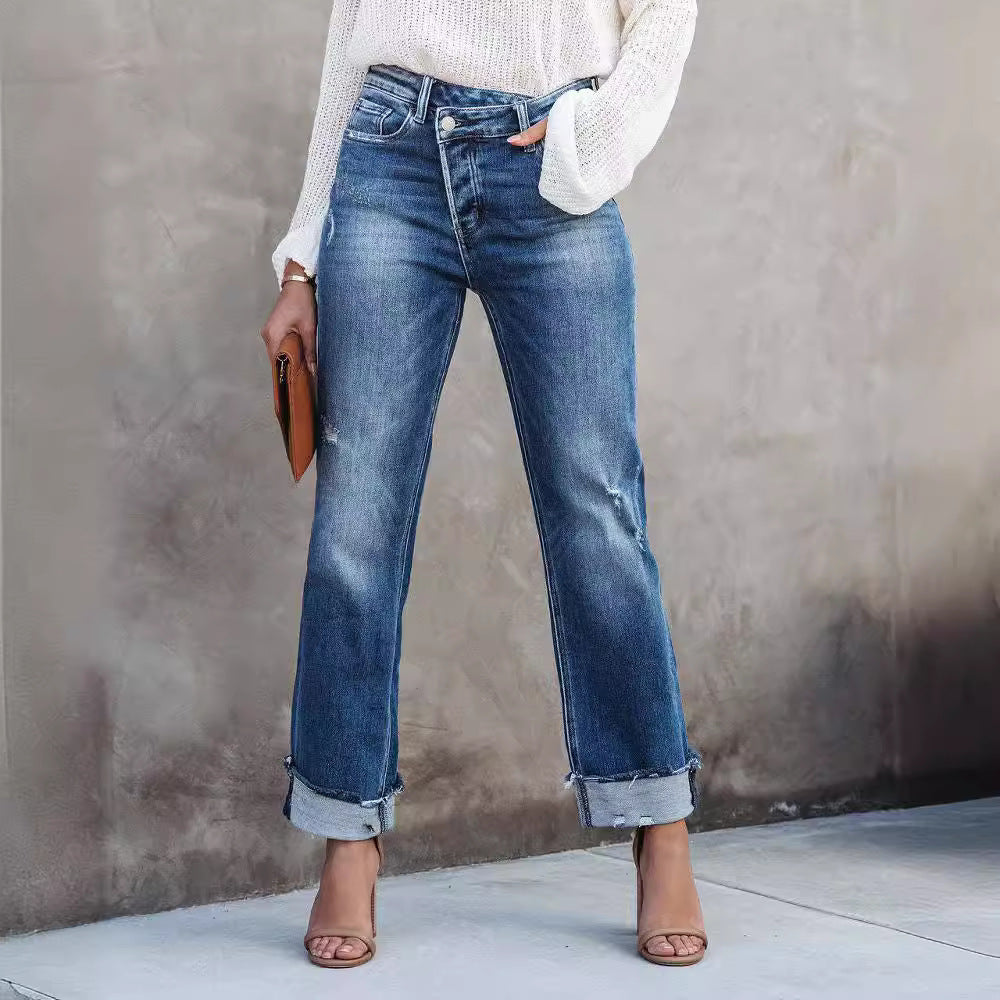 Washed Women's Straight Leg Denim Pants