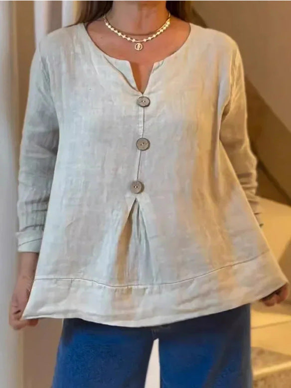 Loose Casual Cotton And Linen V-neck Shirt