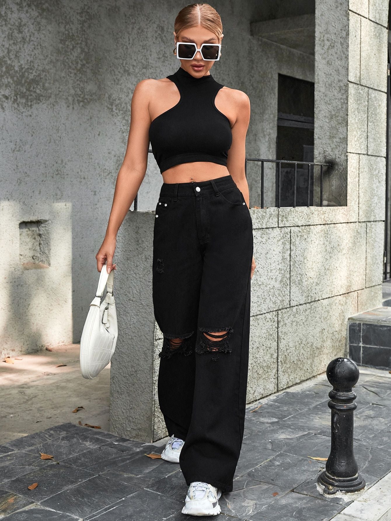 Fashionable Ripped High Waist Wide Leg Casual Jeans