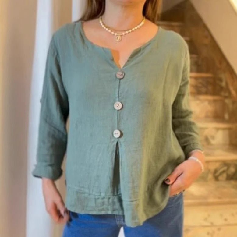 Loose Casual Cotton And Linen V-neck Shirt