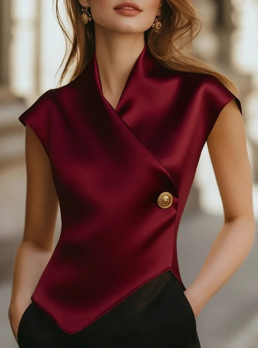 Elegant Cap Sleeve Satin Wrap Blouse With Sculpted Silhouette